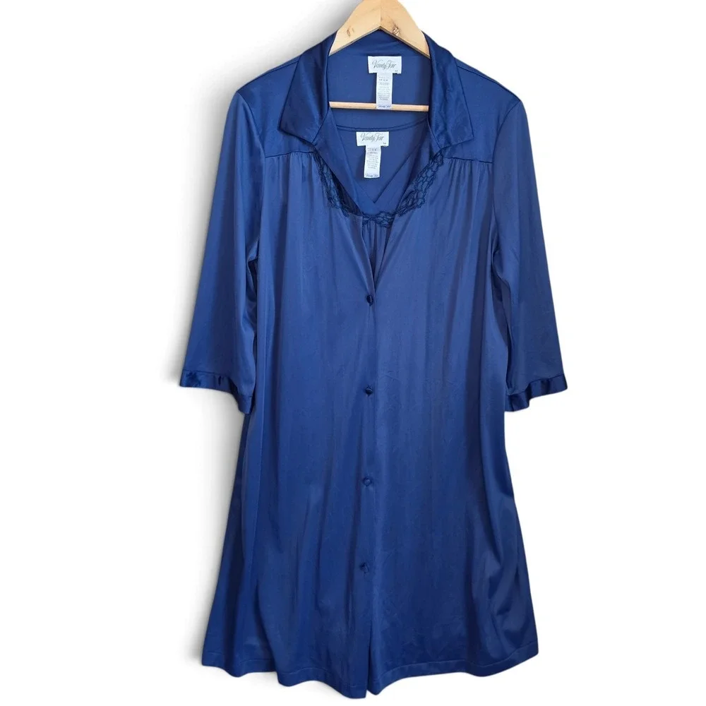VTG Vanity Fair Nightgown Robe Set Medium Blue Peignoir Embroidered Sleepwear